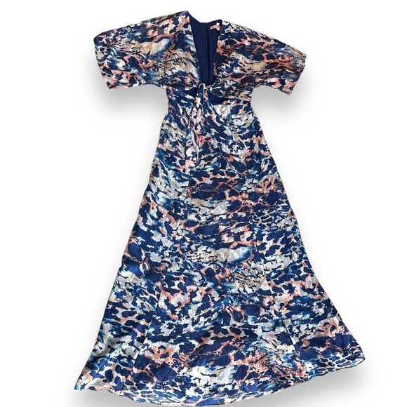Hutch Chiara Blue Multicolor Printed Tie Front Cut Out‎ Maxi Dress Size Small - Picture 2 of 10